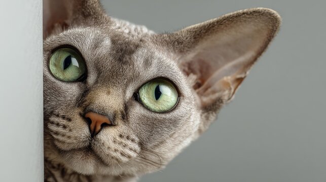portrait of devon rex cat looks at camera on light grey background