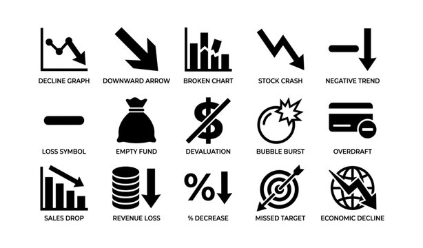 Financial icons depicting decline and losses on white background
