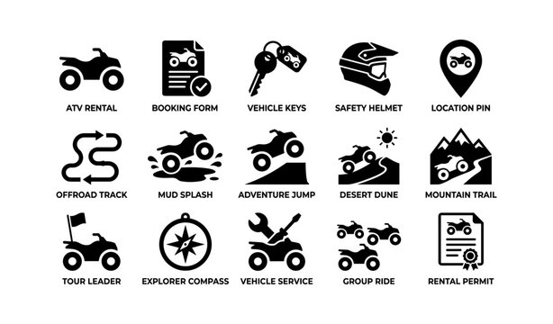 All terrain vehicle rental icons for offroad tours on white background