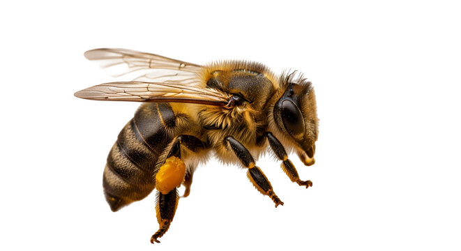 Macro detailed portrait of a honeybee on a black backdrop featuring intricate wings and pollen sacs for nature stock photography