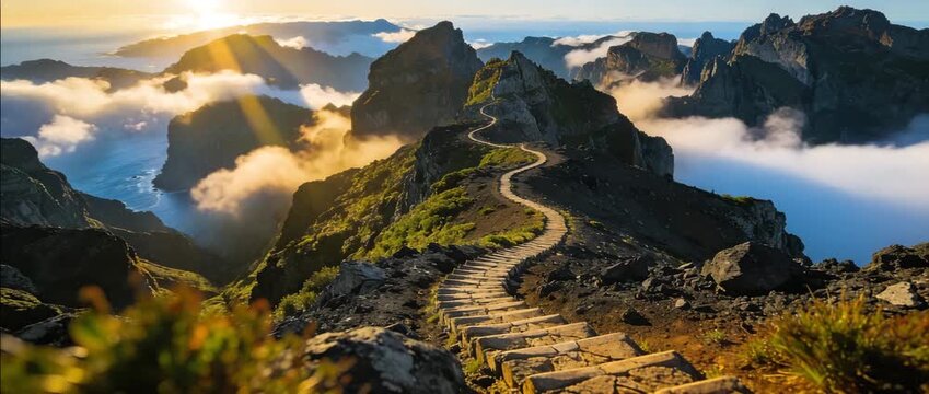 aerial drone timelapse of hikers climbing the stone stairs at pico do areeiro mountain