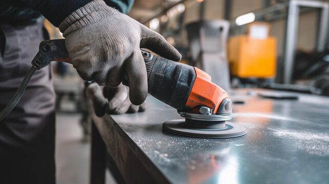 Worker using handheld angle grinder on metal surface in industrial workshop, realistic fabrication and maintenance scene with protective gloves, power tool action, steel processing