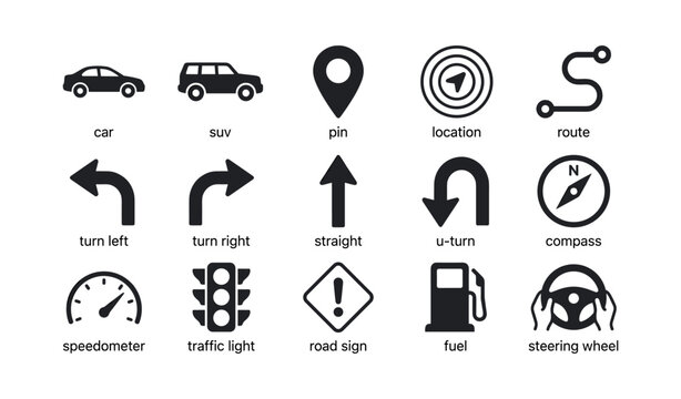 Vehicle and navigation icons with labels on white background