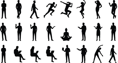 Fototapeta premium People Silhouettes Set Action Poses, Walking, Running, Yoga, Sitting, Vector