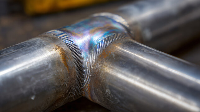 Macro view of stainless steel pipe welded to metal surface, precise industrial weld bead with heat colors, fabrication and engineering concept, high quality metalwork, manufacturin