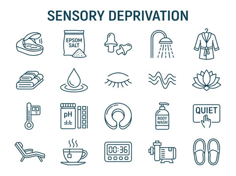 Detailed collection of minimalist line art icons depicting sensory deprivation tank equipment and float therapy wellness accessories for spa branding 