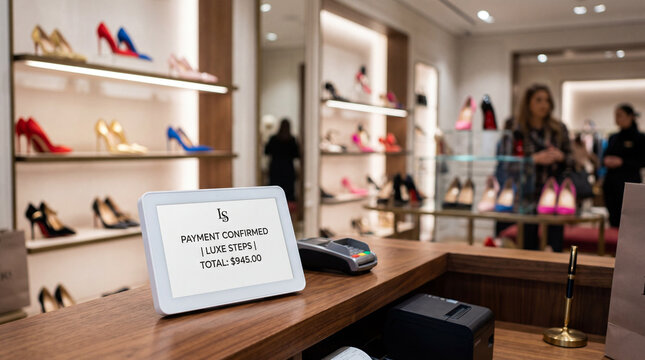Digital tablet showing confirmed payment in luxury retail shoe store