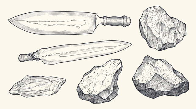 Hand-drawn monochrome illustration of ancient weapons (knife and sword) with geological elements