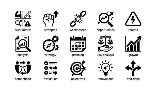 Business strategy icons illustrating swot analysis and planning
