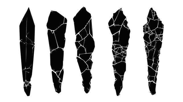 Silhouettes of elongated, abstract objects with cracked, broken patterns against a white backdrop