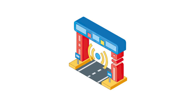 Isometric electronic toll collection gate with signal icon on a highway, smart transportation system vector illustration