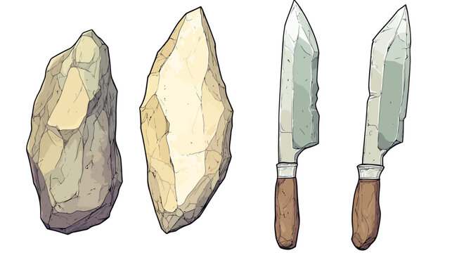 Artistic depiction of primitive tools. Stone tools and knives illustrated with a distinct style