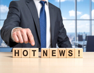 Obraz premium Hot News! - Geschäftsmann zeigt auf das Wort 