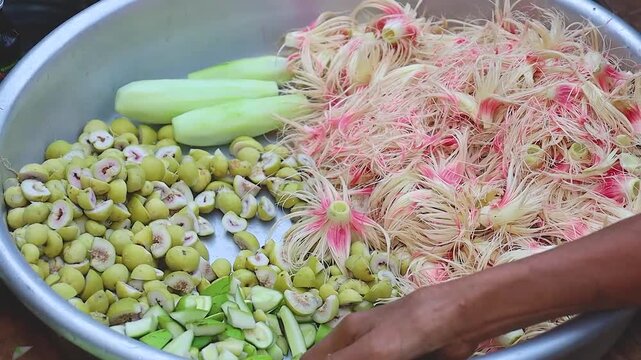 Fresh ingredients for a traditional Myanmar (Burmese) salad with Careya arborea flowers, wild figs, chopped green raw mangoes, and peeled cucumbers in a large bowl.