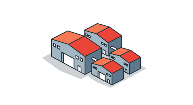 Isometric Industrial Warehouse and Factory Buildings Vector Illustration for Logistics, Storage, and Manufacturing Concepts