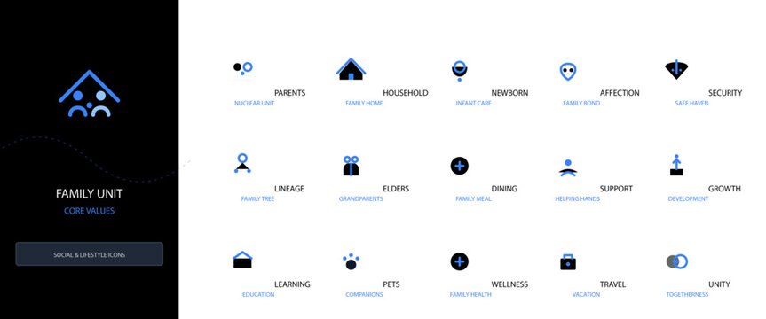Family Unit Core Values Digital Interface Display Concept with Abstract Life Principles Icons on Dark Background