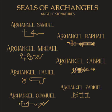 Seals of Archangels - Collection of Angelic Signatures and Magical Sigils. Esoteric Symbols for Michael, Gabriel, Raphael, Samuel, Haniel, Chamuel, and Zadkiel on Black Background Illustration.