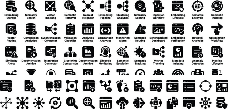 Vector database workflow line icon set with embedding indexing similarity analytics pipeline monitoring semantic retrieval editable outline vector collection