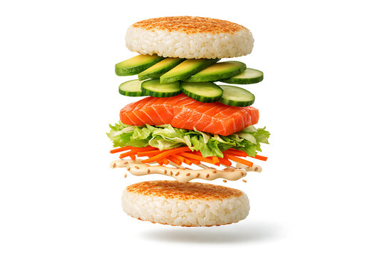 Creative salmon sushi burger with floating fresh ingredients isolated on white background