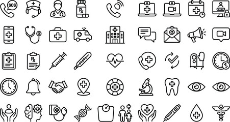 Medical healthcare line icon set with hospital emergency doctor pharmacy patient treatment editable outline vector collection for health services © Mahfujahmmed