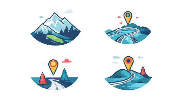 Flat vector illustrations featuring stylized mountains, roads, trees, map markers, and clouds on a white backdrop