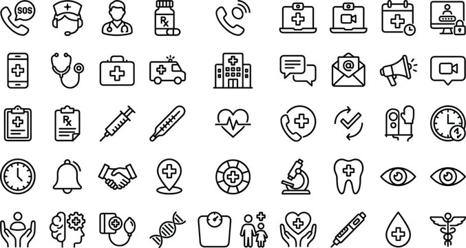Medical healthcare line icon set with hospital emergency doctor pharmacy patient treatment editable outline vector collection for health services