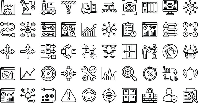 Industrial automation manufacturing line icon set with robotics production logistics analytics workflow editable outline vector collection for factory systems