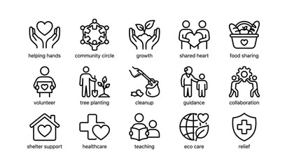 Fototapeta premium Charity and volunteer icons showing community care and support grid