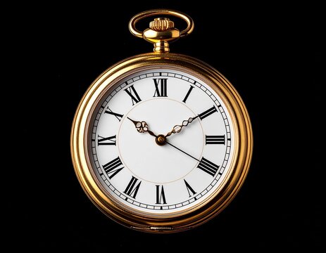 Gold vintage pocket watch with Roman numerals isolated on black background, luxury antique timepiece with elegant classic design