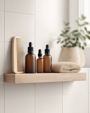 Minimalist bathroom shelf featuring men's skincare product, beard oil, wooden comb, and soft towel. Clean white tile, natural light, organized aesthetic, care concept