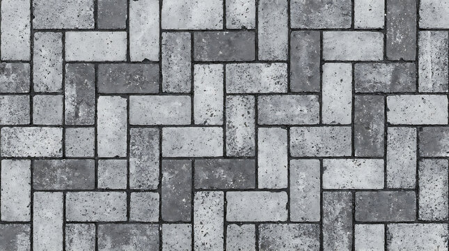 White brick wall seamless texture background.. Grayscale stone brick paver pattern with rectangular blocks in a herringbone design on a flat surface