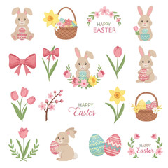 Fototapeta premium Cute Easter Bunnies, Eggs, Flowers & Baskets - Spring Holiday Vector Collection