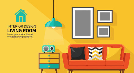 Fototapeta premium Modern Living Room Interior Design Flat Illustration with Orange Sofa and Artwork