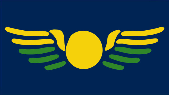 Abstract graphic with a central yellow oval and stylized wings. Background is navy blue