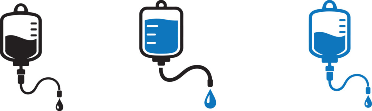 Single infusion icon set IV bag blood bag medical drip silhouette outline vector illustration.