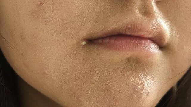 A pimple on the chin near the corner of the lips on the face of a teenage girl. Genuine women's leather.