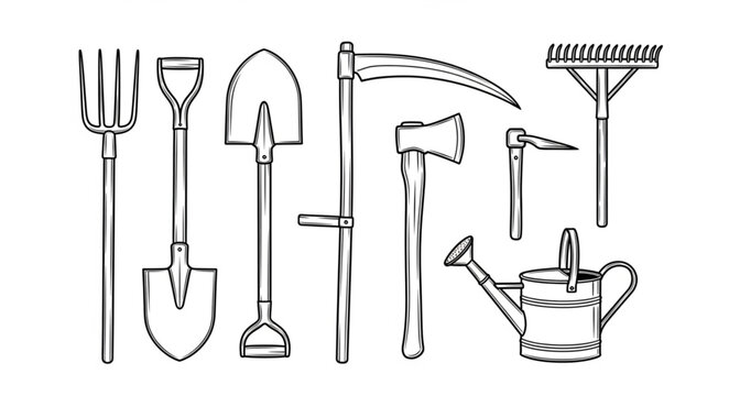 Collection of Hand Drawn Garden Tools and Equipment.