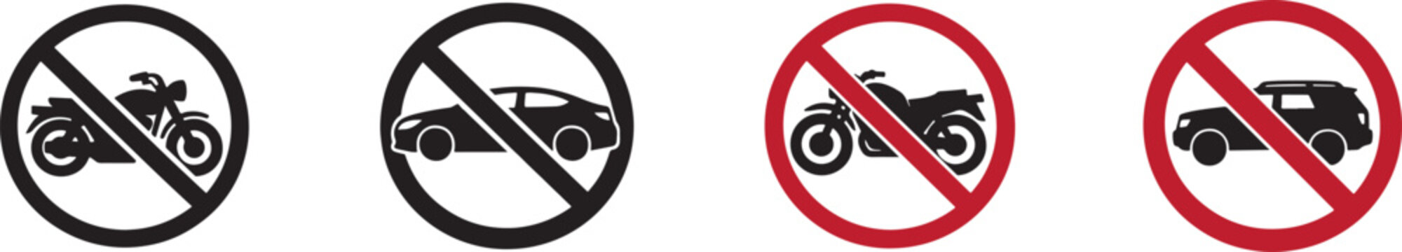 No parking sign icon set for cars and motorbikes warning prohibition symbol vector illustration.
