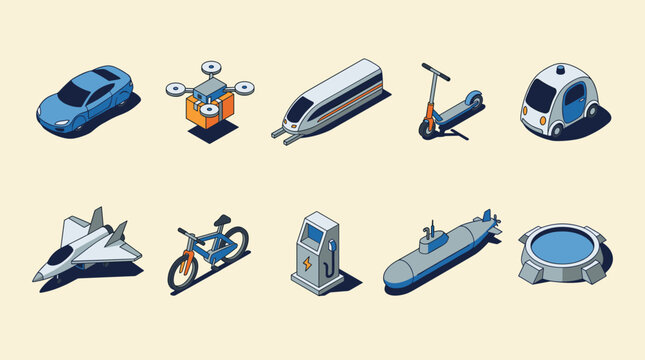 Isometric Icons of Modern and Future Transportation Modes and Infrastructure