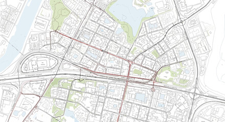 Fototapeta premium A detailed urban planning map showing streets, blocks, green spaces, and infrastructure development.