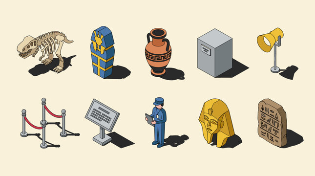 Isometric museum collection icons History art and ancient civilization set