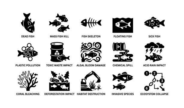 Aquatic pollution icons showing fish kills and toxic impacts in grid