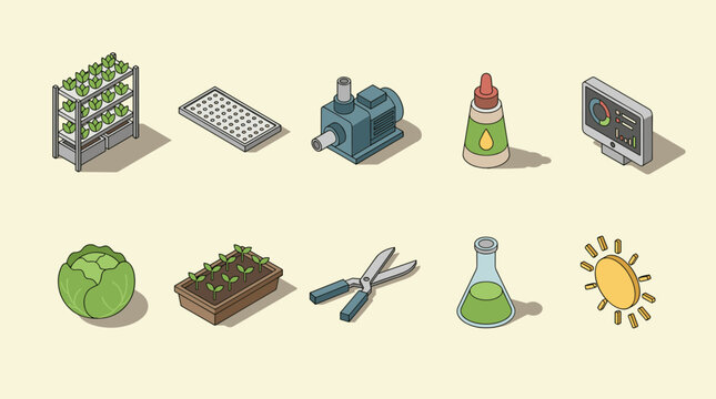 Isometric Icon Set for Hydroponics and Indoor Farming with Fresh Produce
