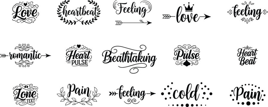 Romantic typography vector illustration, love heartbeat pulse feeling text, decorative emotional word art design