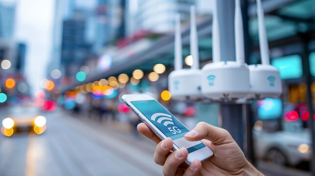 Modern 5G smart pole with antennas and edge compute at an urban station