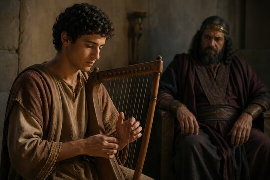young david playing the harp before king saul in a quiet palace chamber, a biblical scene of music, comfort and spiritual calm where melody eases inner torment and royal tension