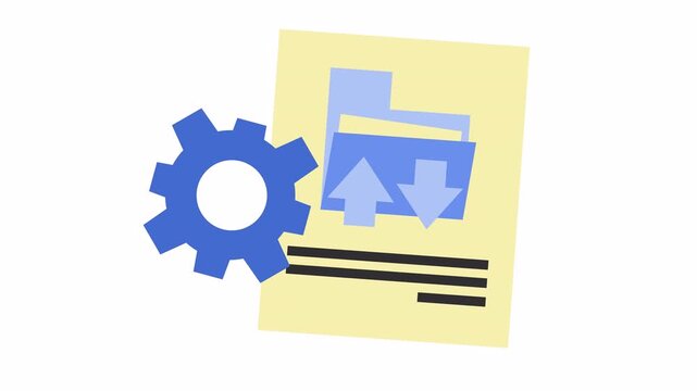 File management system with upload download and gear icon isolated on the alpha channel. Flat design cloud storage folder with data transfer and document setting in a cartoon animation.