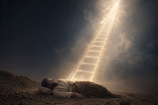 jacob asleep on rocky ground beneath the night sky as a radiant ladder rises toward heaven, a visionary biblical scene of divine connection, promise, mystery and spiritual awakening