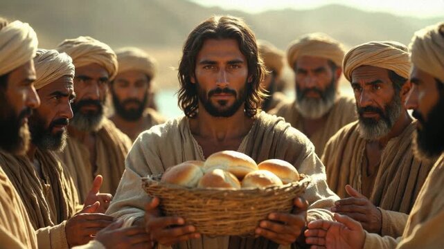 Jesus Christ Feeding of the 5,000 Performs Miracle of Distributing Bread to Feed Thousands at Sea of Galilee, Biblical New Testament Depiction