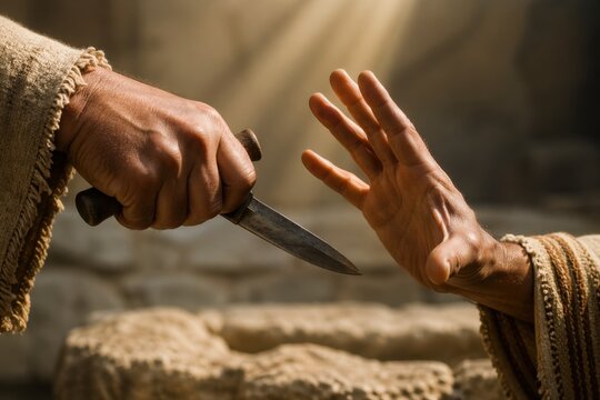 abraham halted at the moment of sacrifice as a hand with a knife stops above isaac near the altar, dramatic light revealing a biblical test of faith, obedience, mercy and divine intervention